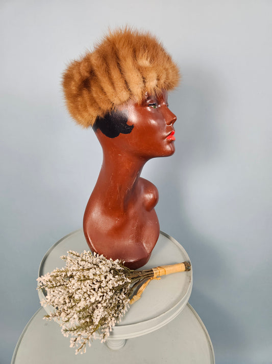 1940s-1950s Golden Honey Mink Pillbox Hat