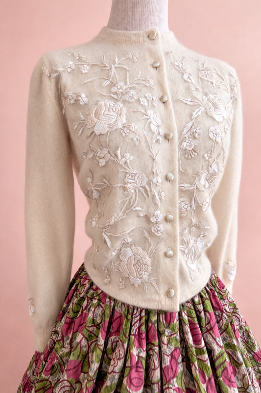 Vintage 1950s Dalton Ivory Hand Embroidered Cashmere Cardigan