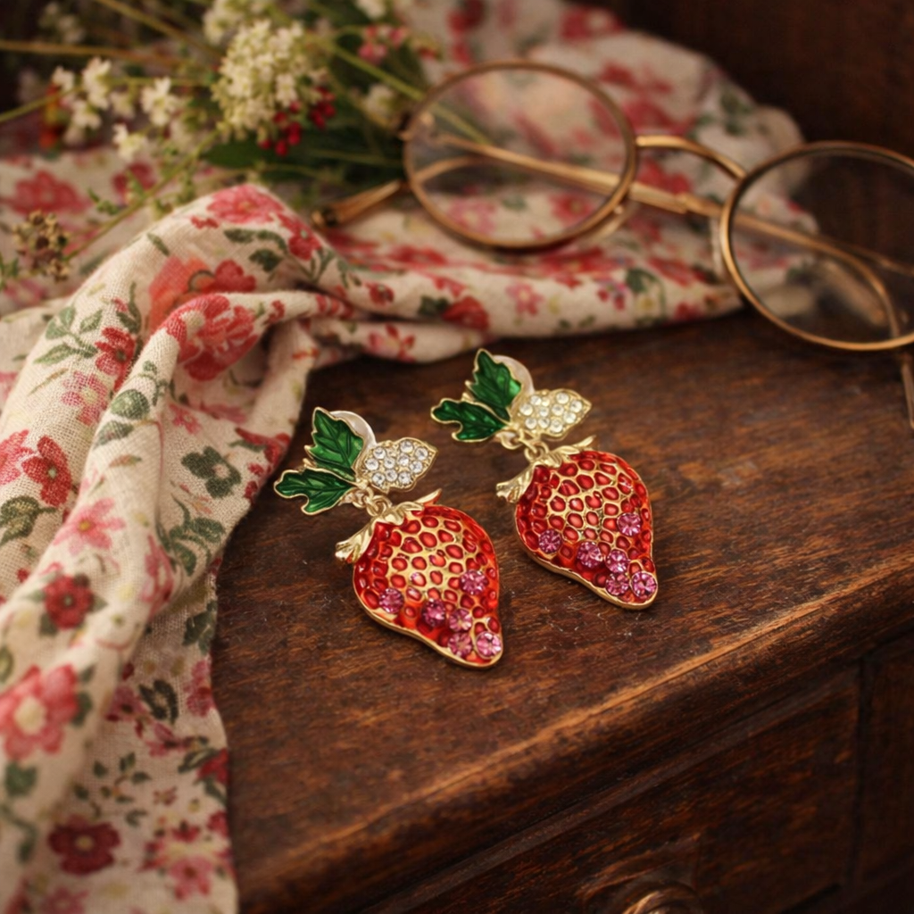 Strawberry Rhinestone Earrings (Pierced)