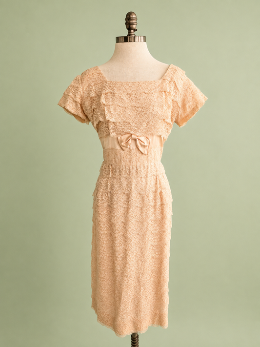 Vintage Mid-Century Pale Peach Lace Pencil Dress
