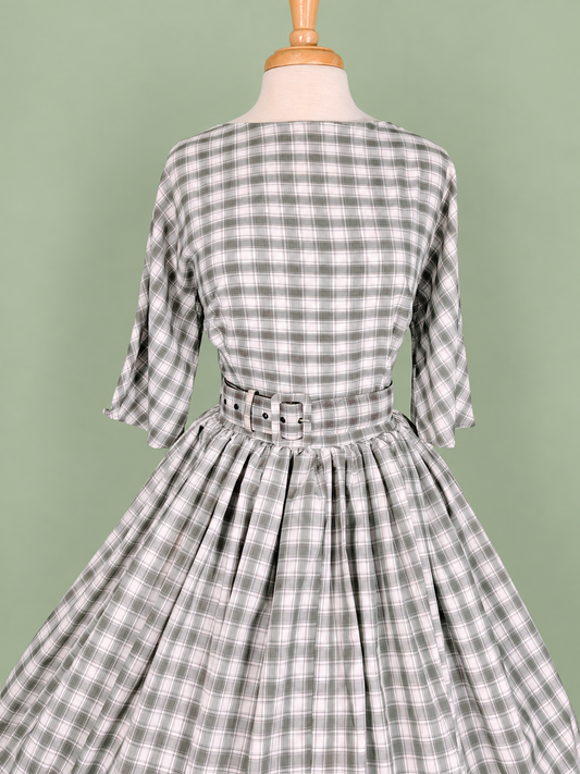 Unique Vintage Gray Plaid Dress w/ Belt