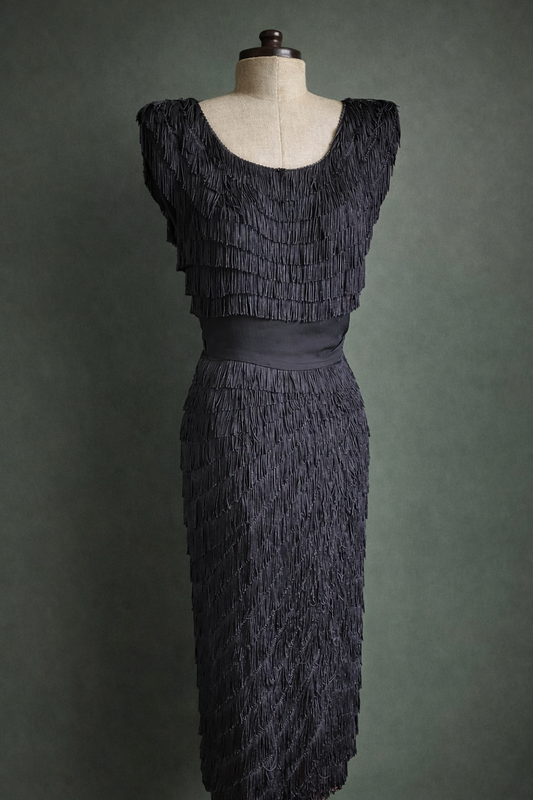 Vintage 1950's Patullo-Jo Copeland Silk Crepe Fringe Wiggle Dress