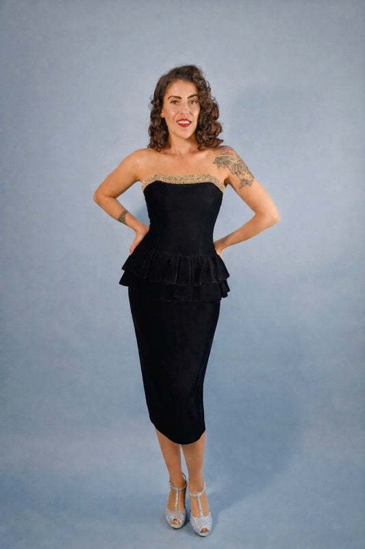 Vintage 1980s “Does 1940s” After Five by Julie Duroché Black Velvet Peplum Wiggle Dress