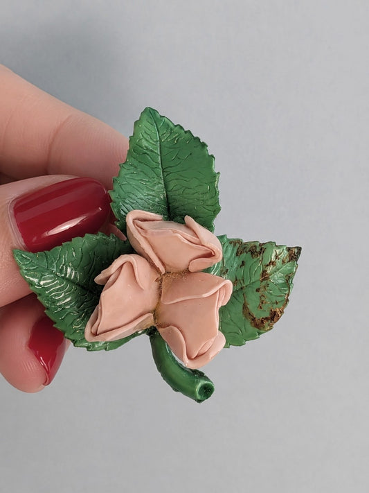 Vintage Mid-Century Rose Bud Leaf Brooch
