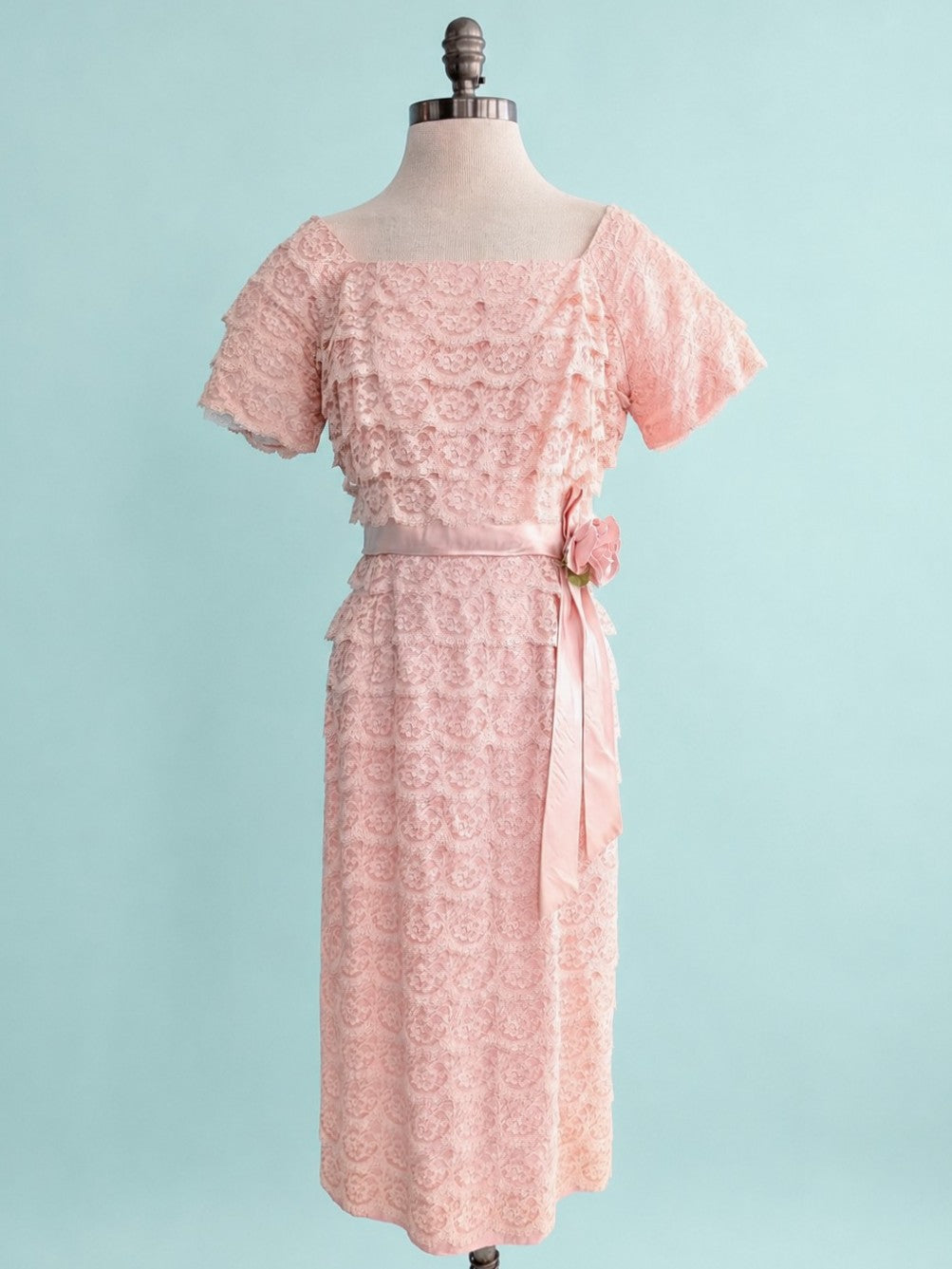 Vintage Mid-Century Pink Lace Pencil Dress