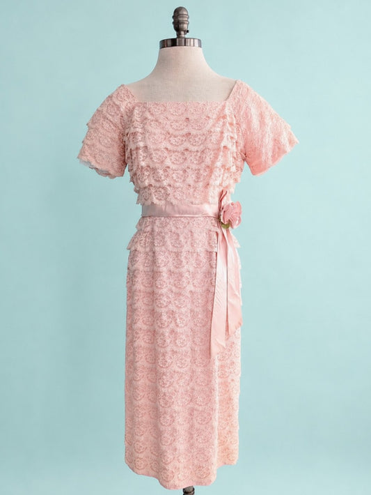 Vintage Mid-Century Pink Lace Pencil Dress
