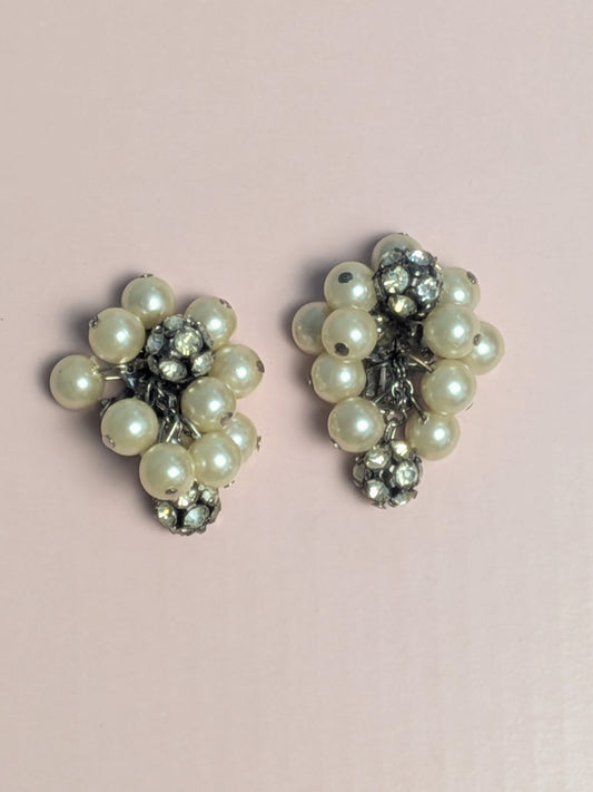 Vintage 1950s Pearl & Rhinestone Cluster Earrings