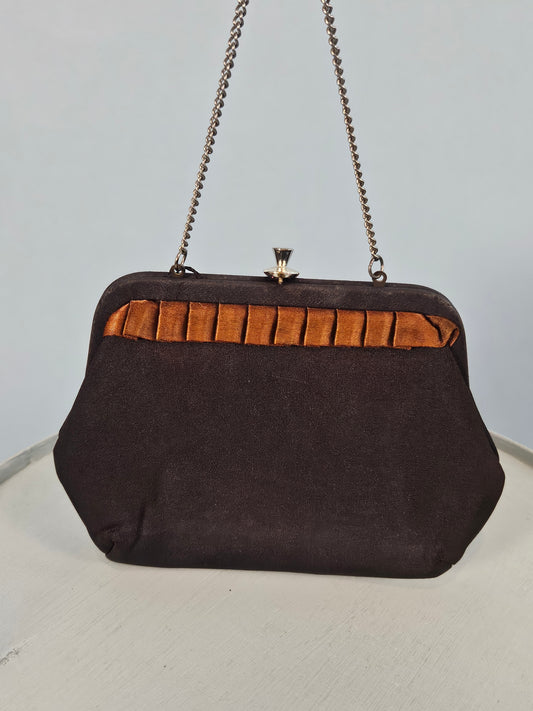 Vintage 1940's-1950's Black Evening Bag with Chocolate Brown Ribbon