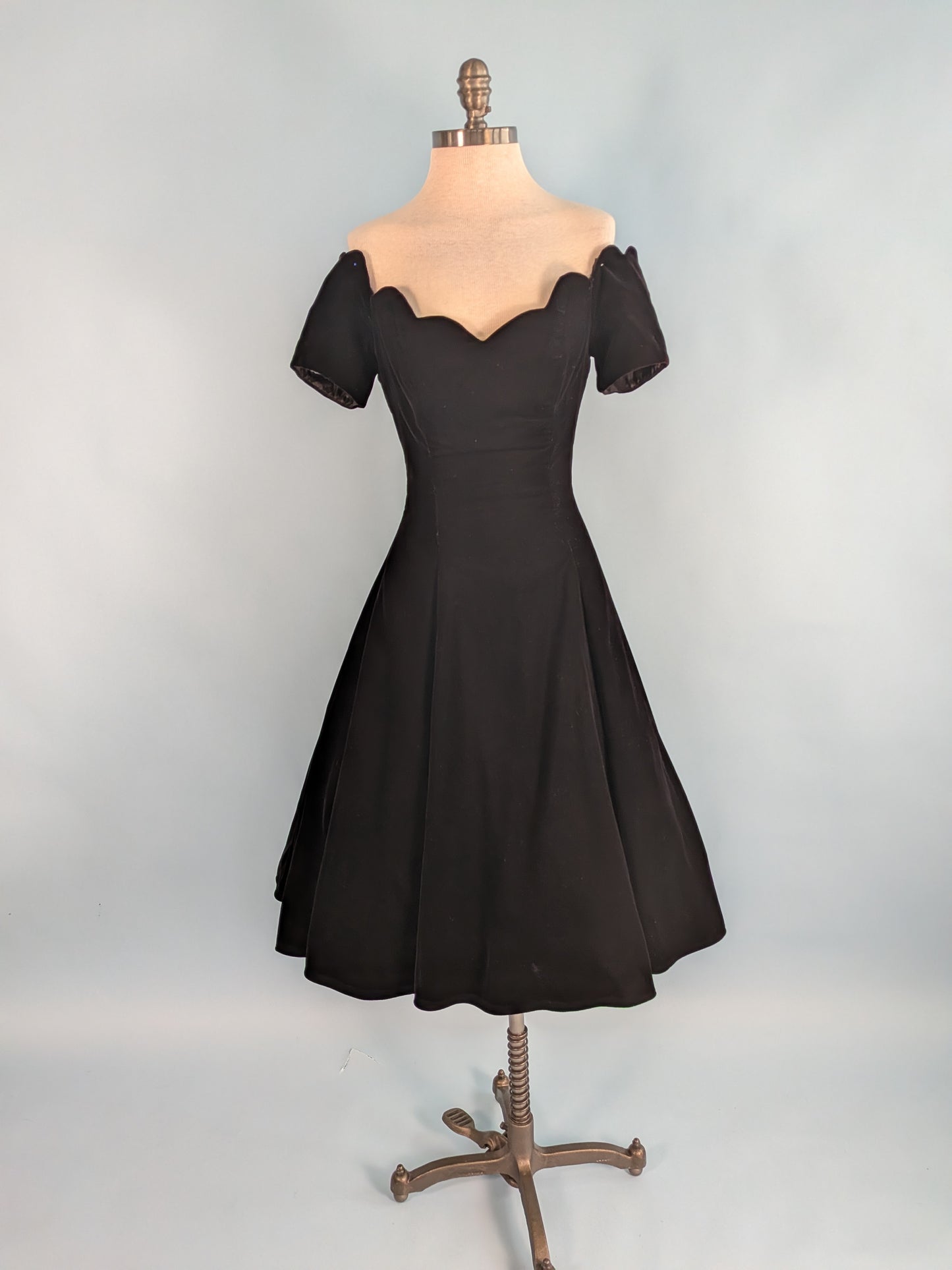 Vintage 1980s Does 1950s "Niki" Off Shoulder Black Velvet Cocktail Dress