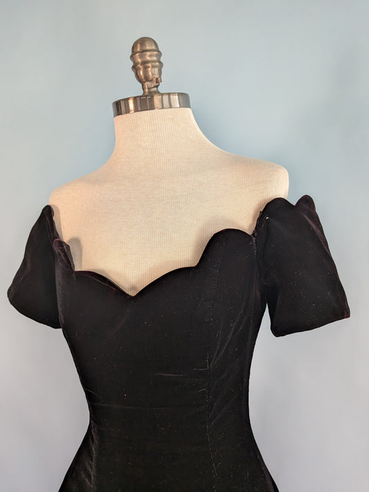 Vintage 1980s Does 1950s "Niki" Off Shoulder Black Velvet Cocktail Dress