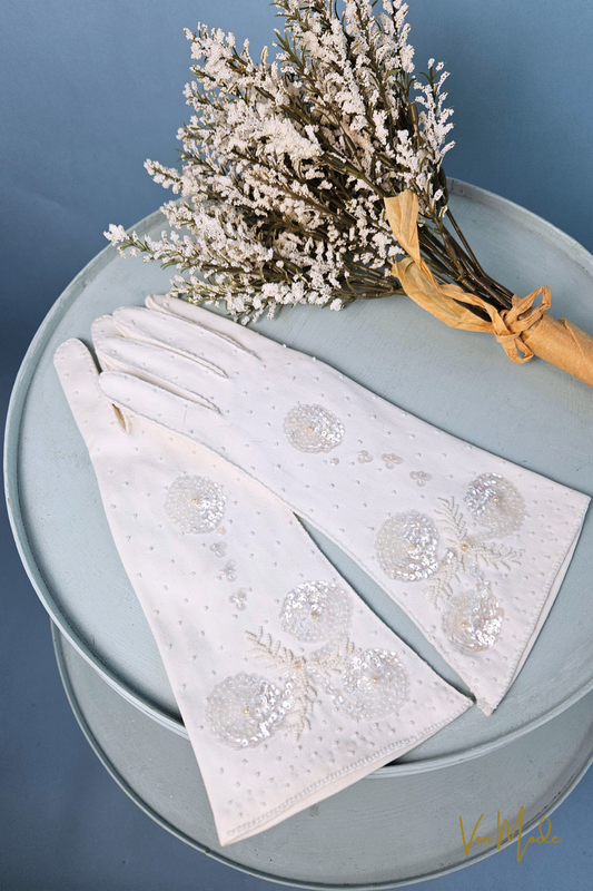 STYLE 3006 - Vintage 1950's-1960's Kasanova White Nylon Micro-Bead and Sequence Long Gloves
