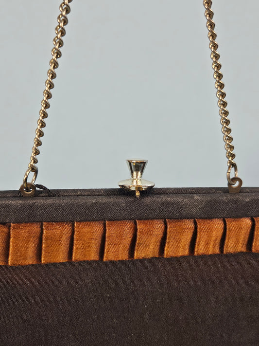 Vintage 1940's-1950's Black Evening Bag with Chocolate Brown Ribbon
